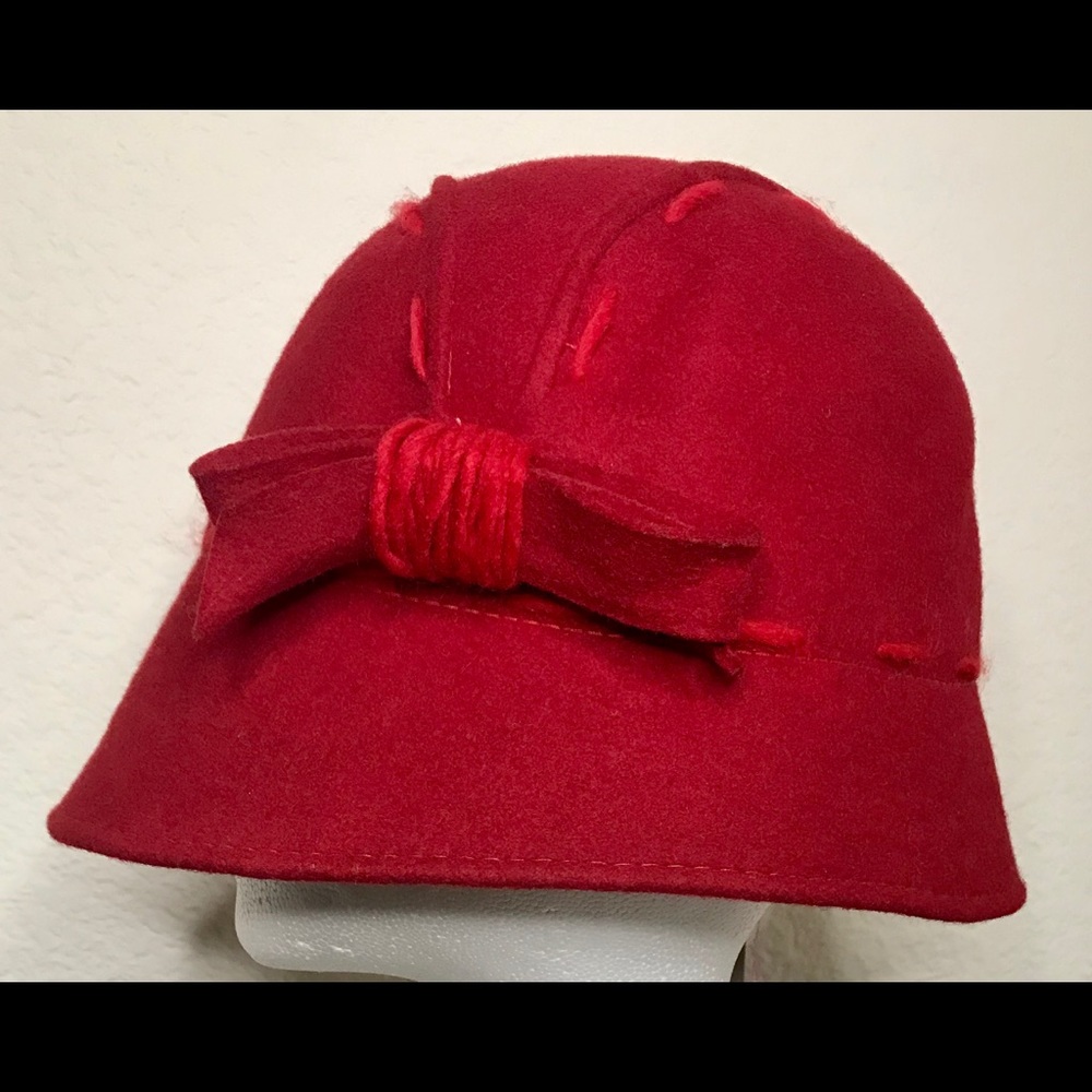 Anthropologie Cloche Red Wool Hat with Bow